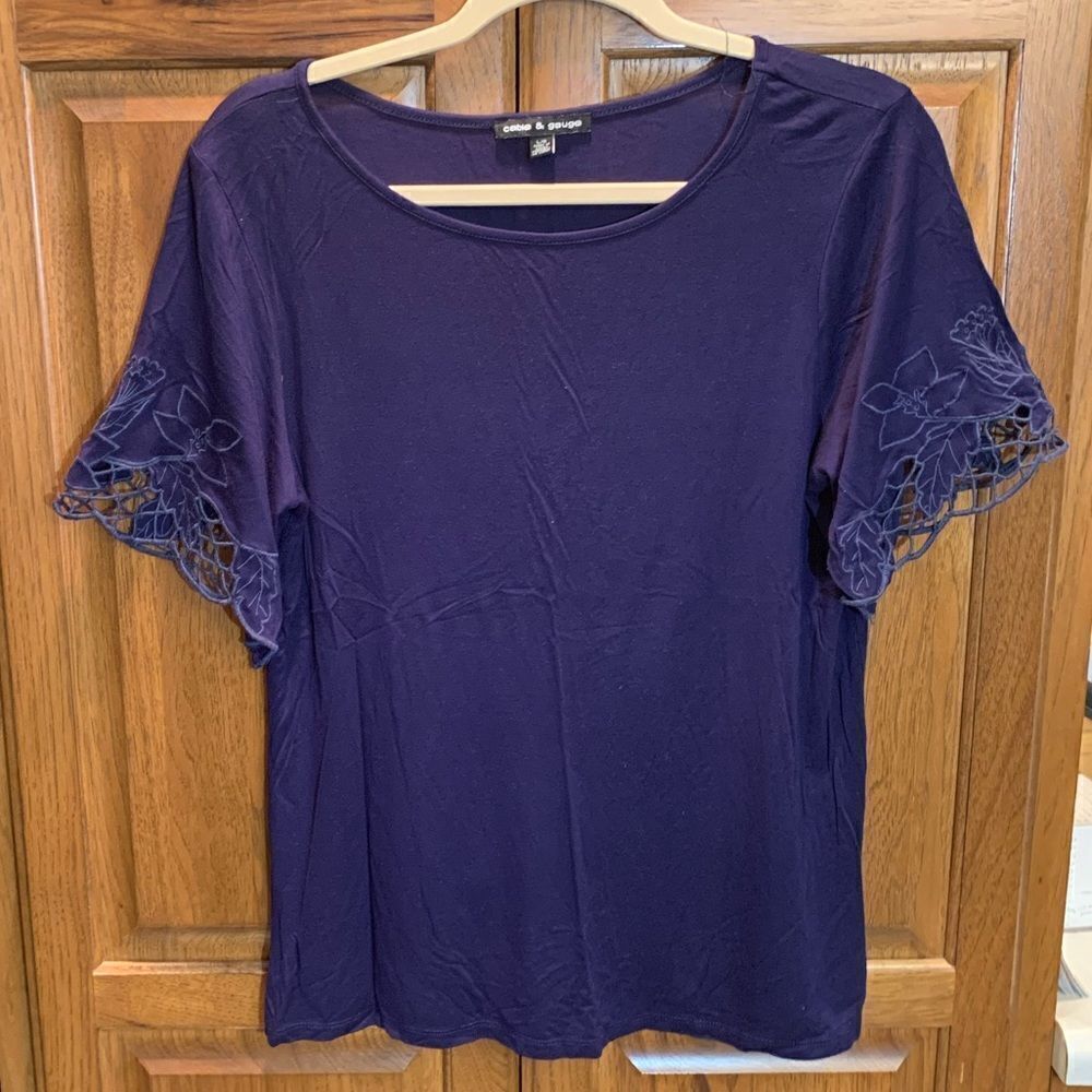 Navy Tshirt with Lace Edges Sleeves- Size L